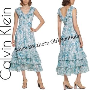 🆕⭐ Calvin Klein Hreen Blue Floral Maxi Dress